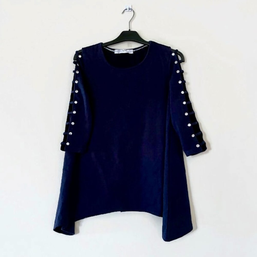 Navy blue scoop neck tunic top, 3/4 sleeve blouse ✿